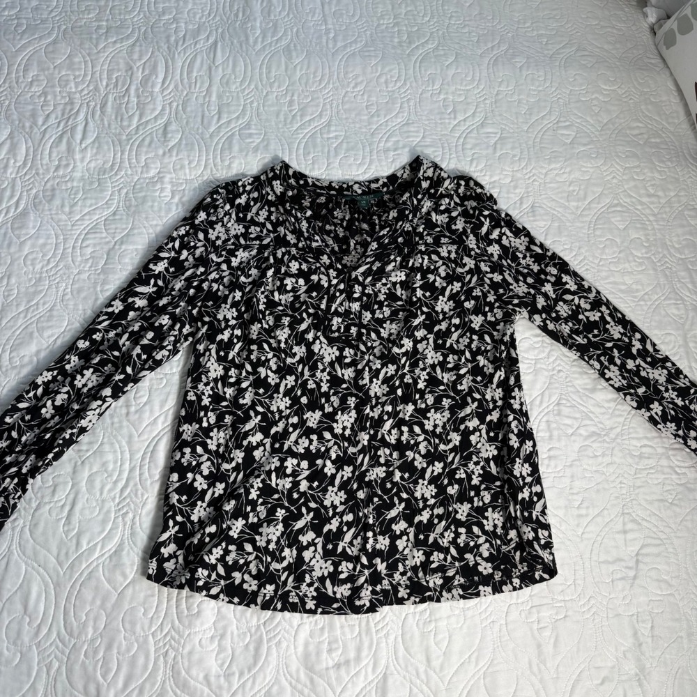 Lauren Ralph‎ Lauren Black White Floral Cotton Long Sleeve Top Women's Large EUC